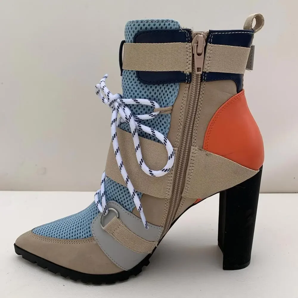Steve Madden Illusion Pump Lace Up Boots Heels Womens Sz 8 Retro Y2k Orange Beig - Picture 6 of 13